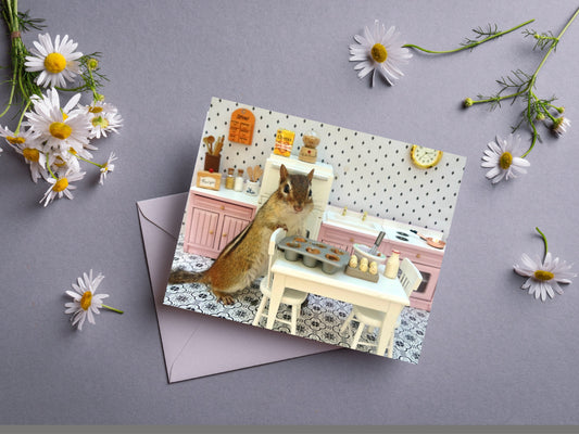 Chipmunk Baking in Kitchen Notecard
